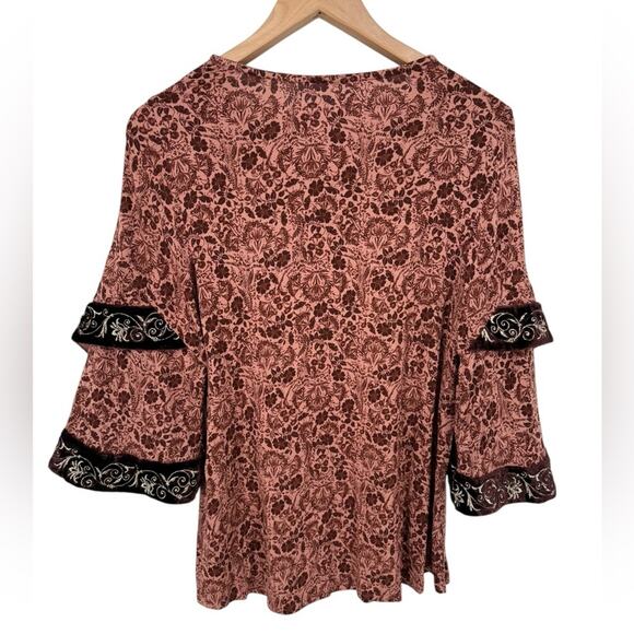 Soft Surroundings Mauve Floral Bell Sleeve Velvet Trim Pullover Top Size Small P - Picture 2 of 7